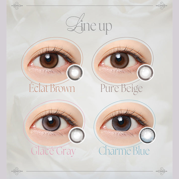(ミフェのラインナップ), Line up, エクラブラウン(Eclat Brown), ピュールベージュ(Pure Beige), グラセグレー(Glace Gray), シャルムブルー(Charm Blue) | ミフェ Mifee 1day カラコン カラーコンタクト