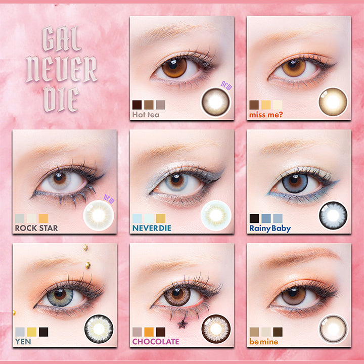 8 colorlens variation, 新発売, UV Cut, NEW Hot Tea ホットティー, NEVER DIE ネバーダイ, miss me? ミスミー?, ROCKSTAR ロックスター, Rainy Baby レイニーベイビー, CHOCOLATE チョコレート, be mine ビーマイン| ギャルネバーダイ GAL NEVER DIE 1day カラコン カラーコンタクト