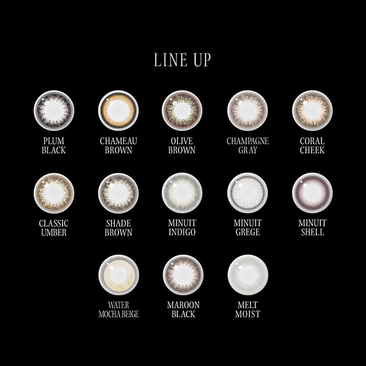 (ラインナップ)Line up,プラムブラック(Plum Black),シャモーブラウン(Chameau Brown),オリーブブラウン(Olive Brown),マルーンブラック(Maroon Black),メルトモイスト(Melt Moist),シャンパングレイ(Champagne Gray),コーラルチーク(Coral Cheek),ウォーターモカベージュ(Water Mocha Beige),クラシックアンバー(Classic Amber),シェードブラウン(Shade Brown),ミニュイインディゴ(Minuit Indigo),ミニュイグレージュ(Minuit Greige),ミニュイシェル(Minuit Shell) | アンヴィ envie 1day カラコン カラーコンタクト