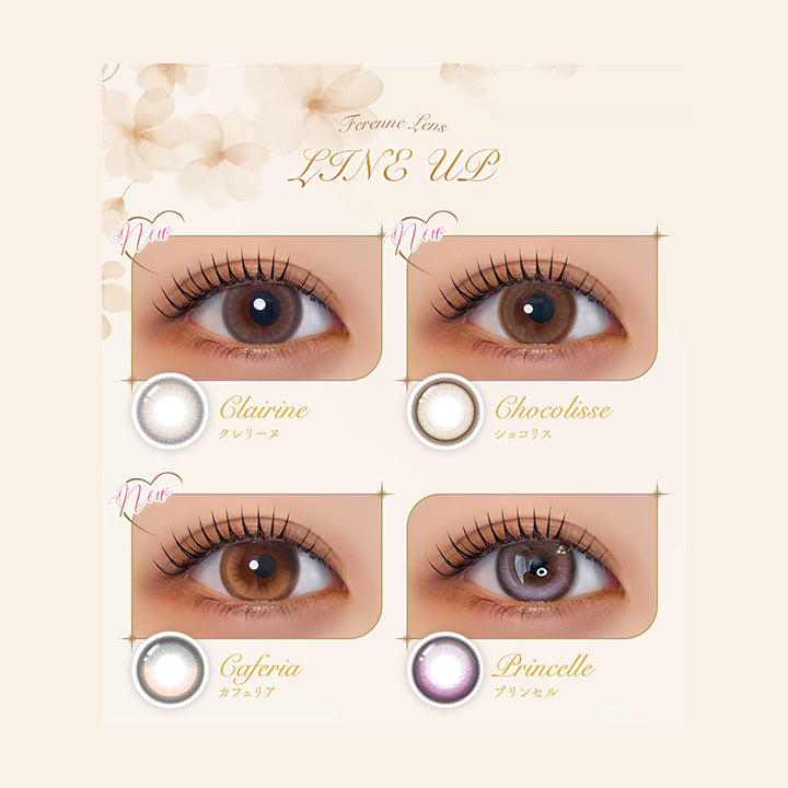 (ラインナップ1)Ferenne Lens Line up, クレリーヌ(Clarine), ショコリス(Chocolisse), カフェリア(Caferia), プリンセル(Princelle) | フェレーヌ ferenne 1day カラコン カラーコンタクト