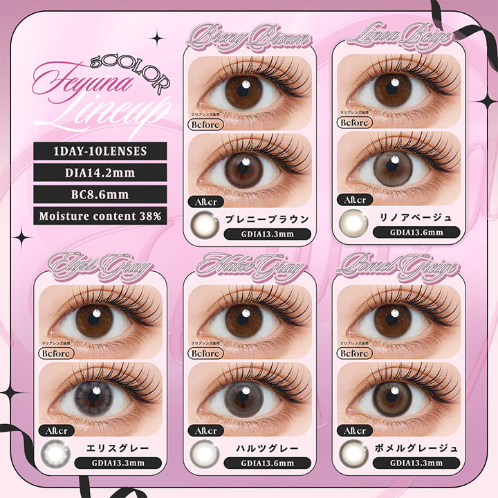 (ラインナップ),Feyuna 5color lineup,1day,1箱10枚入り,DIA14.2mm,BC8.6mm,Water38%,ブレニーブラウン(Breny Brown) 上品なツヤ感ブラウン GDIA13.3mm,リノアベージュ(Linoa Beige) 色素薄い系淡ベージュ GDIA13.6mm,エリスグレー(Elyss Gray) きらめき水面グレー GDIA13.3mm,ハルツグレー(Halze Gray) 儚げうるみグレー GDIA13.6mm,ポメルグレージュ(Pomel Greige) こなれくすみグレージュ GDIA13.3mm | フェユナワンデーモイスティン Feyuna 1day moistin カラコン カラーコンタクト