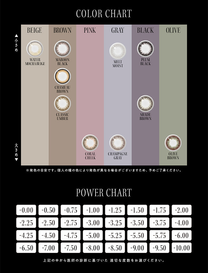 アンヴィ(envie),COLOR CHART,小さめ,BEIGE,WATER MOCHA BEIGE,BROWN,MAROON BLACK,CHAMEAU BROWN,CLASSIC UMBER,PINK,CORAL CHEEK,GRAY,MELT MOIST,CHAMPAGNE GRAY,BLACK,PLUM BLACK,SHADE BROWN,OLIVE,OLIVE BROWN,※発色の目安です。個人の瞳の色により発色が異なる場合がございますため、あらかじめご了承下さい。,POWER CHART,上記の中から医師の診断に基づいた適切な度数をお選びください。|アンヴィ envie カラコン ワンデー カラーコンタクト
