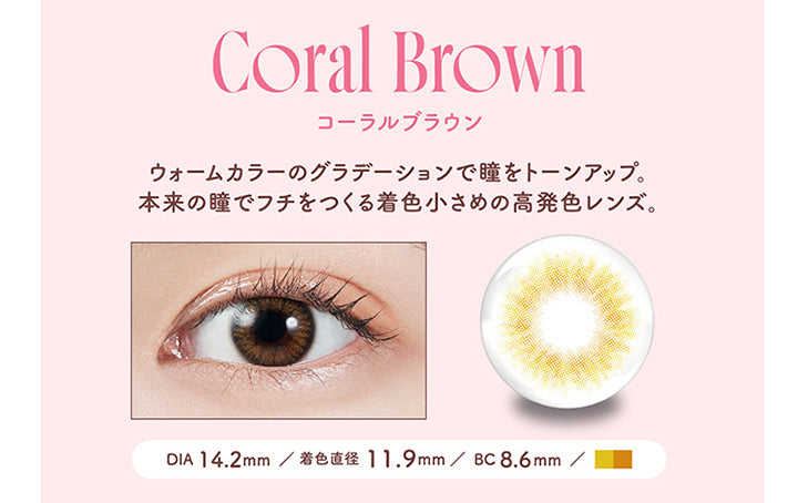 モラクワンデー(MOLAK 1day),Coral Brown,コーラルブラウン,ウォームカラーのグラデーションで瞳をトーンアップ。 本来の瞳でフチをつくる着色小さめの高発色レンズ。,DIA 14.2mm,着色直径 11.9mm,BC8.6mm|モラクワンデー MOLAK 1day カラコン カラーコンタクト