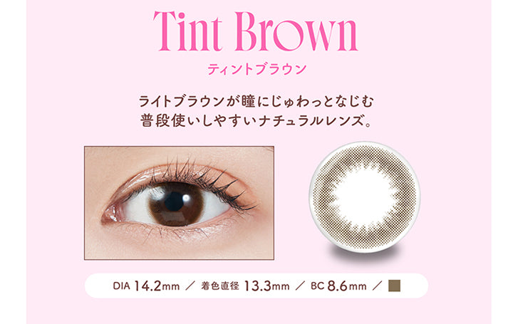 モラクワンマンス(MOLAK 1month),Tint Brown,ティントブラウン,ライトブラウンが瞳にじゅわっとなじむ普段使いしやすいナチュラルレンズ。,DIA14.2mm,着色直径13.3mm,BC8.6mm|モラクワンマンス MOLAK 1month カラコン カラーコンタクト