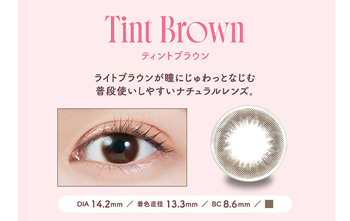 モラクワンデー(MOLAK 1day),Tint Brown,ティントブラウン,ライトブラウンが瞳にじゅわっとなじむ 普段使いしやすいナチュラルレンズ。,DIA 14.2mm,着色直径 13.3mm,BC8.6mm|モラクワンデー MOLAK 1day カラコン カラーコンタクト
