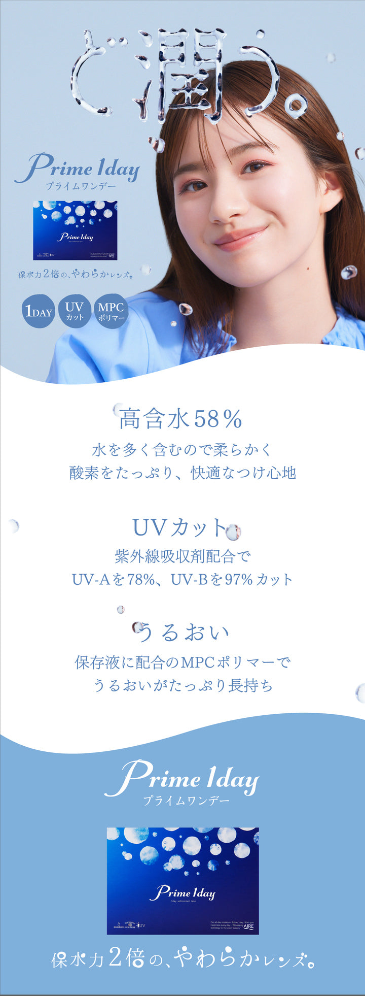 プライムワンデー(Prime 1day),ど潤う,保水力2倍の、やわらかレンズ,1DAY,UVカット,MPCポリマー,高含水58%,水を多く含むので柔らかく,酸素をたっぷり、快適なつけ心地.UVカット,紫外線吸収剤配合でUV-Aを78%、UV-Bを97%カット,うるおい,保存液に配合のMPCポリマーでうるおいがたっぷり長持ち|プライムワンデー Prime 1day クリアコンタクト