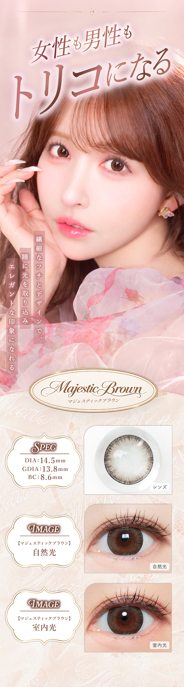 マジェットリラックス(Majette Relax) マジェスティックブラウン(Majestic Brown) DIA14.5mm 着色直径13.8mm BC8.6mm,女性も男性もトリコになる。繊細なフチとデザインで、瞳に光を取り込みエレガントな印象になれる。,マジェスティックブラウンのレンズ画像、装用画像 | マジェットリラックス majette relax 1day カラコン カラーコンタクト