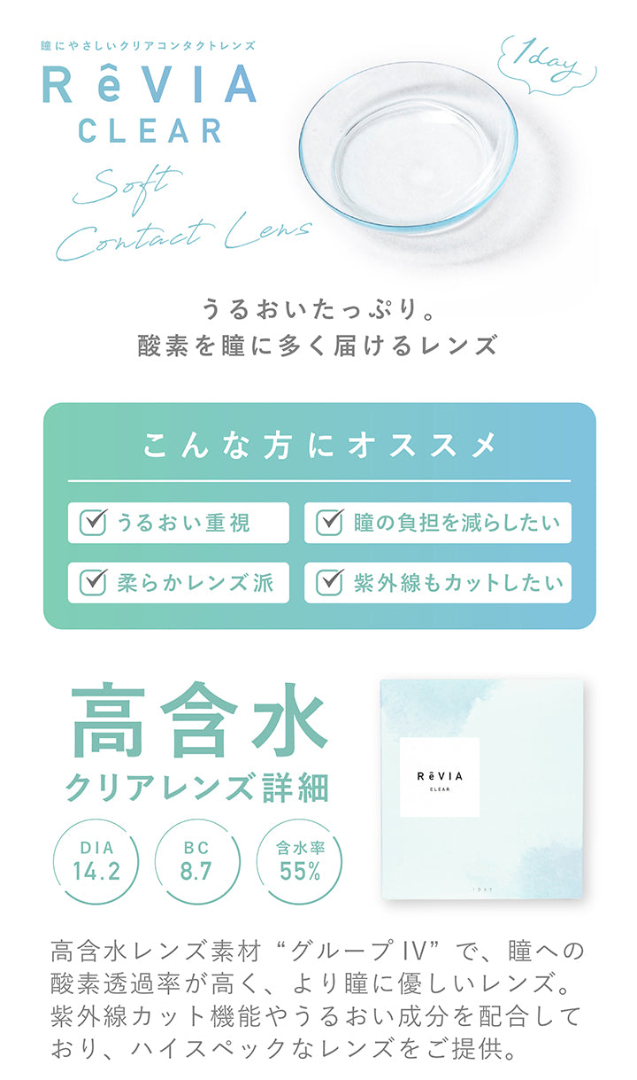 レヴィアクリアワンデー(ReVIA CLEAR 1day),瞳にやさしいクリアコンタクトレンズ,瞳にもやさしくありたい♡,着け心地重視の方にオススメ!,高含水,クリアレンズ,DIA14.2mm,BC8.7mm,含水率55%,UV CUT,MOISTURE,うるおいたっぷり。,酸素を瞳に多く届けるレンズ,こんな方にオススメ,うるおい重視,瞳の負担を減らしたい,柔らかレンズ派,UVカット必須,高含水レンズ素材“グループIV”で、瞳への酸素透過率が高く、より瞳に優しいレンズ。,紫外線カット機能やうるおい成分を配合しており、ハイスペックなレンズをご提供。,30枚入り,1,848円(税込),うるおい成分,やわらかレンズ,酸素をよく通す,紫外線カット,01,うるおい成分配合,レンズのうるおいがクッションとなり瞳にさらに優しく快適な装用感。,※保存液に配合,02,うるおい柔らかレンズ,高含水率55%で水分が多くうるおい◎,レンズも柔らかくつけ心地がとても快適。,03,強力な紫外線をカット,目には見えない紫外線をカットします。,目に着けるUVCUTとして最適です。,04,瞳へ酸素をより届ける,酸素を約2倍以上も多く瞳へ届ける