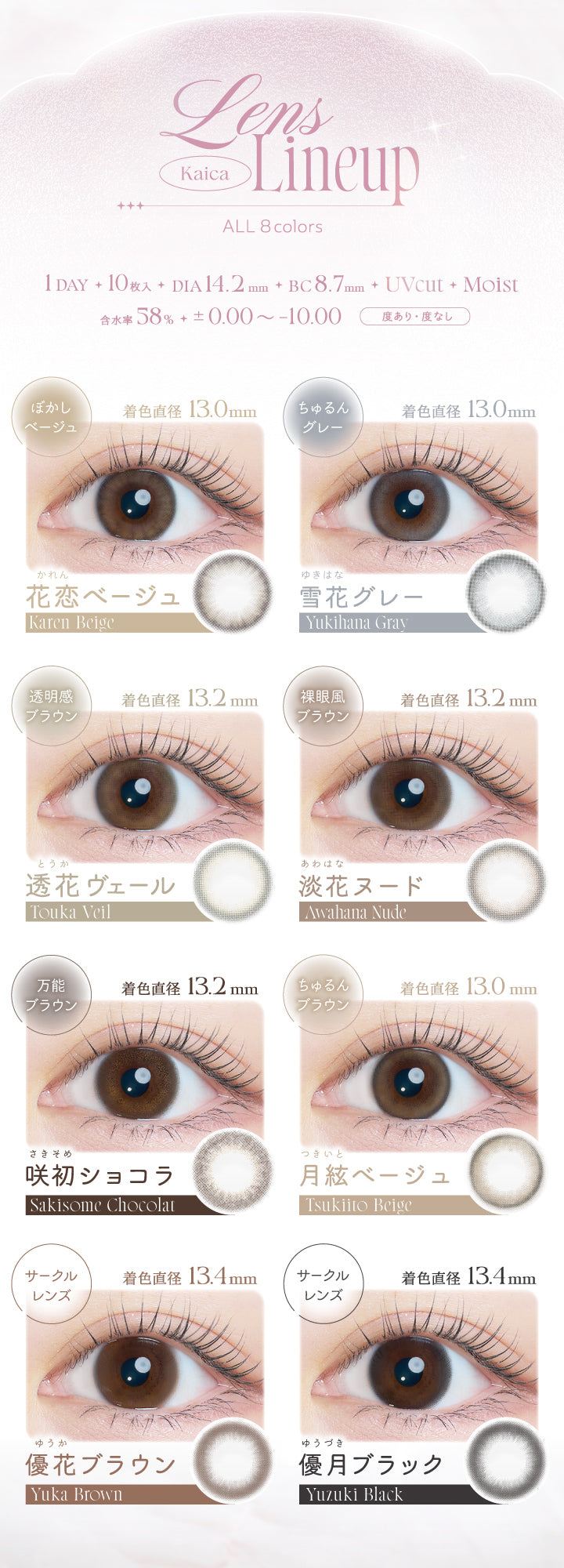 (ラインナップ)Kaica Lens Lineup,1day,1箱10枚入り,DIA14.2mm,着色直径13.0mm,BC8.7mm,含水率58.0%,UVcut,Moist,±0.00~-10.00,度あり·度なし,花恋ベージュ(Karen Beige) 着色直径13.0mm ぼかしベージュ,雪花グレー(Yikihana Gray) 着色直径13.0mm ちゅるんグレー,透花ヴェール(Touka Veil) 着色直径13.2mm 透明感ブラウン,淡花ヌード(Awahana Nude) 着色直径13.2mm 裸眼風ブラウン,咲初ショコラ(Sakisome Chocolat) 着色直径13.2mm 万能ブラウン,月絃ベージュ(Tsukiito Beige) 着色直径13.0mm ちゅるんブラウン,優花ブラウン(Yuka Brown) 着色直径13.4mm サークルレンズ,優月ブラック(Yuzuki Black) 着色直径13.4mm サークルレンズ | カイカ Kaica 1day カラコン カラーコンタクト