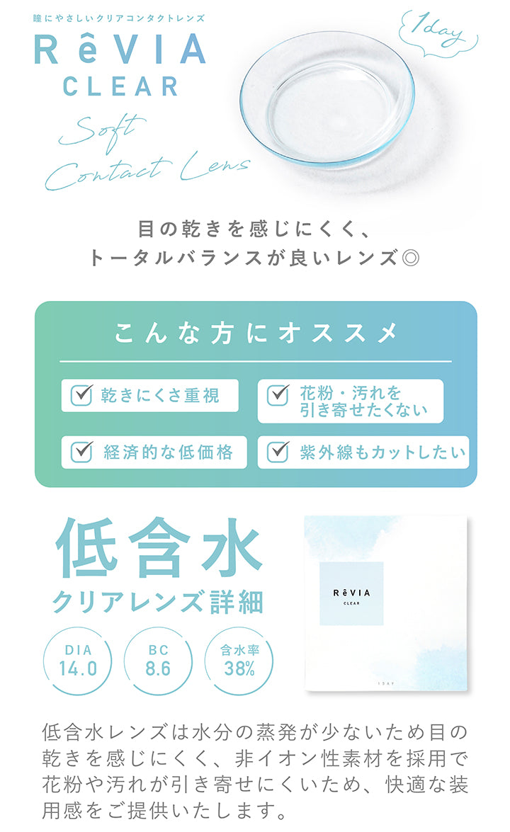 レヴィア クリア ワンデー,目の乾きを感じにくく、トータルバランスが良いレンズ,低含水レンズは水分の蒸発が少ない為目の乾きを感じにくく、非イオン性素材採用で花粉や汚れが引き寄せにくい為、快適な装用感をご提供いたします。|レヴィア クリア ワンデー(ReVIA CLEAR 1day) コンタクトレンズ