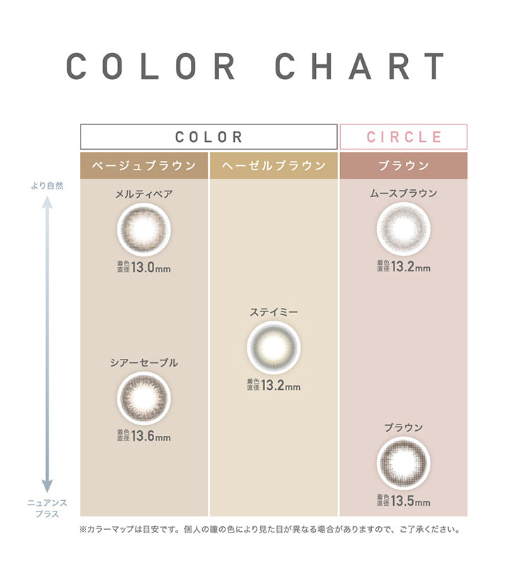レヴィアトーリックワンデーカラー(ReVIA TORIC 1day COLOR),COLOR CHART,より自然,ニュアンスプラス,COLOR,CIRCLE,ベージュブラウン,メルティベア,着色直径13.0mm,シアーセーブル,着色直径13.6mm,ヘーゼルブラウン,ステイミー,着色直径13.2mm,ブラウン,ムースブラウン,着色直径13.2mm,ブラウン,着色直径13.5mm,※カラーマップは目安です。個人の瞳の色により見た目が異なる場合がありますので、ご了承ください。|レヴィアトーリックワンデーカラー ReVIA TORIC 1day COLOR カラコン カラーコンタクト