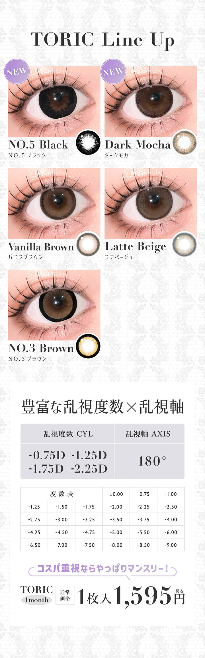 ラインナップ(Line up),NO.5 ブラック(No.5 Black),ダークモカ(Dark Mocha),バニラブラウン(Vanilla Brown),ラテベージュ(Latte Beige),NO.3 ブラウン(No.3 Brown),豊富な乱視度数(-0.75D/-1.25D/-1.75D/-2.25D) × 乱視軸(180°),コスパ重視ならやっぱりマンスリー!1枚入り税込1,595円 | シークレットキャンディーマジックトーリックワンマンス Secret Candymagic Toric 1Month カラコン カラーコンタクト