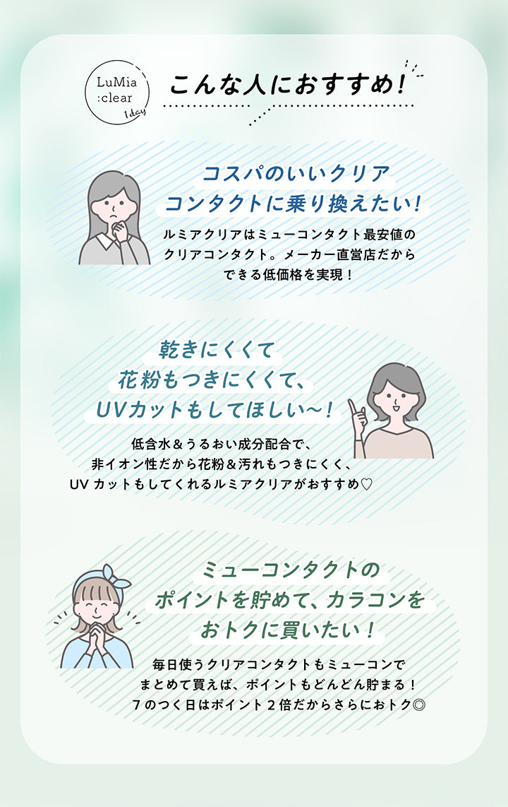 ルミアクリアワンデー(LuMia clear 1day)のこんな人におすすめ!|LuMia:clear1day,コスパのいいクリアコンタクトに乗り換えたい!,ルミアクリアはミューコンタクト最安値のクリアコンタクト。メーカー直営店だからできる低価格を実現!,乾きにくくて花粉もつきにくくて、UVカットもしてほしい~!,低含水&うるおい成分配合で、非イオン性だから花粉&汚れもつきにくく、UVカットもしてくれるルミアクリアがおすすめ♡,ミューコンタクトのポイントを貯めて、カラコンをおトクに買いたい!,毎日使うクリアコンタクトもミューコンでまとめて買えば、ポイントもどんどん貯まる! 7のつく日はポイント2倍だからさらにおトク|ルミアクリアワンデー(LuMia clear 1day) カラコン カラーコンタクト