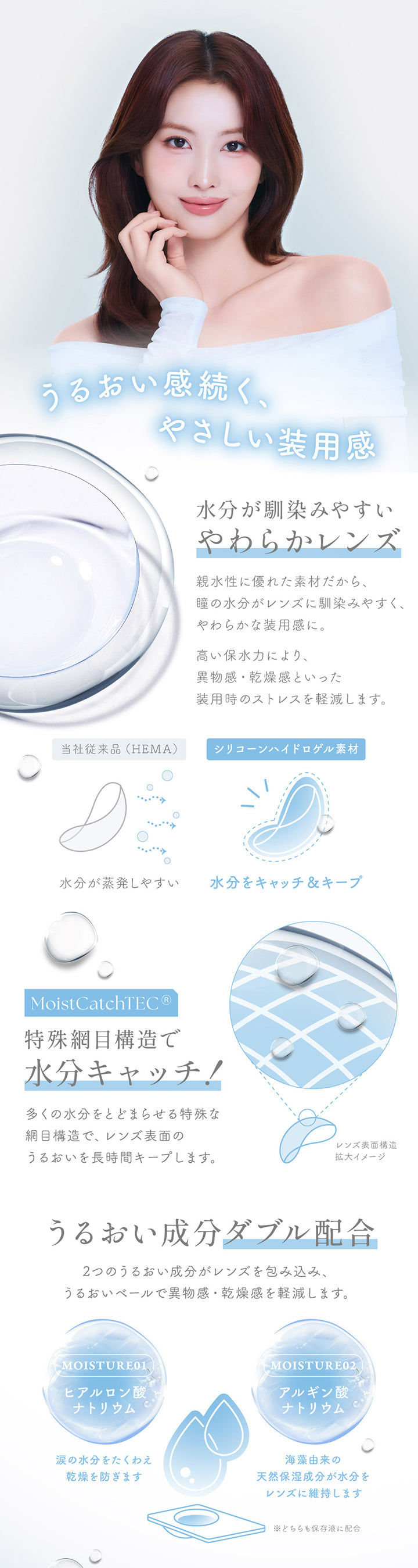 うるおい感続く、やさしい装用感水分が馴染みやすい。,やわらかレンズ親水性に優れた素材だから、瞳の水分がレンズに馴染みやすく、やわらかな装用感に。高い保水力により、異物感·乾燥感といった装用時のストレスを軽減します。,当社従来品(Hema):水分が蒸発しやすい,シリコーンハイドロゲル素材:水分をキャッチ&キープ,MoistCatchTECⓇ 特殊網目構造で水分キャッチ!多くの水分をとどまらせる特殊な網目構造で、レンズ表面のうるおいを長時間キープします。,うるおい成分ダブル配合:2つのうるおい成分がレンズを包み込み、うるおいベールで異物感·乾燥感を軽減します。 |シークリアワンデー Sie. Clear 1day クリアコンタクトレンズ