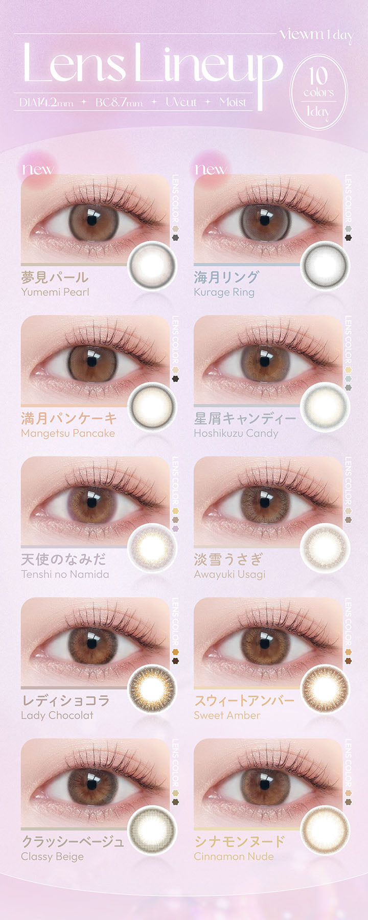 viewm 1 day, Lens Lineup, DIA14.2mm, BC8.7mm, UVcut, Moist, 10 colors, 1day, new, 夢見パール, Yumemi Pearl, new, 海月リング, Kurage Ring, 満月パンケーキ, Mangetsu Pancake, 星屑キャンディー, Hoshikuzu Candy, 天使のなみだ, Tenshi no Namida, 淡雪うさぎ, Awayuki Usagi, レディショコラ, Lady Chocolat, スウィートアンバー, Sweet Amber, クラッシーベージュ, Classy Beige, シナモンヌード, Cinnamon Nude | ビュームワンデー Viewm 1day カラコン カラーコンタクト