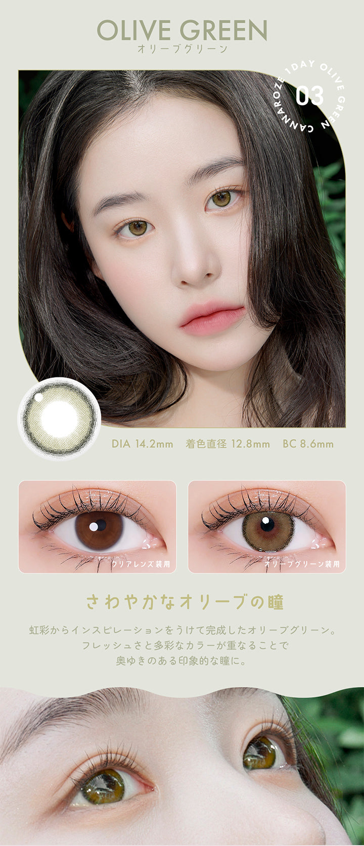 OLIVE GREEN,オリーブグリーン,1DAY,DIA 14.2mm 着色直径 12.8mm BC8.6mm,さわやかなオリーブの瞳,虹彩からインスピレーションをうけて完成したオリーブグリーン。,フレッシュさと多彩なカラーが重なることで,奥ゆきのある印象的な瞳に。 | ユリアアイドル カンナロゼ URIA i-DOL CANNA ROZE 1day カラコン カラーコンタクト