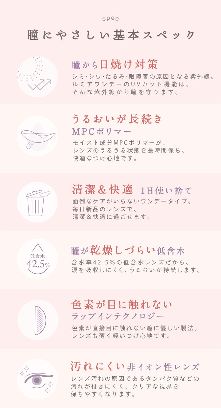 ルミア14.2 (LuMia 14.2) ,spec,瞳にやさしい基本スペック,瞳から日焼け対策, うるおいが長続きするMPCポリマー(モイスト成分), 清潔&快適な1日使い捨て, 瞳が乾燥しづらい低含水,色素が目に触れないラップインテクノロジー,汚れにくい非イオン性レンズ|ルミア(LuMia) 14.2 ワンデーコンタクトレンズ