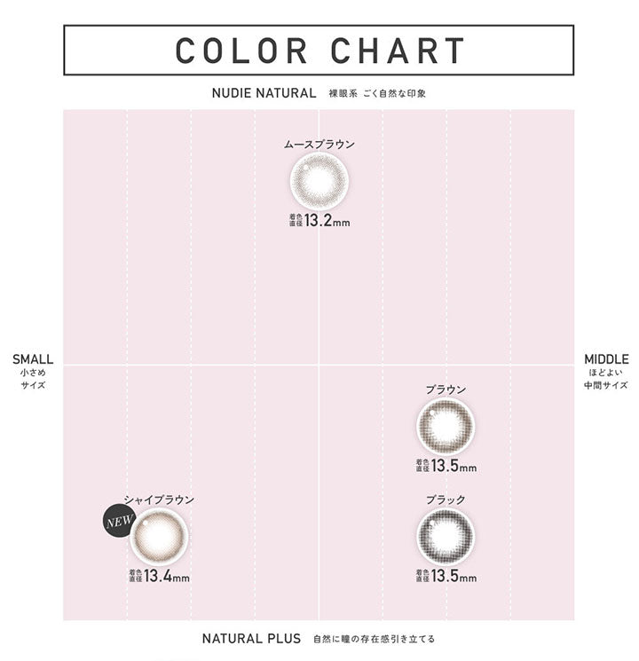 Color Chart, Nudie Natural(裸眼系 / ごく自然な印象) × Small(小さめサイズ), ムースブラウン(Muuse Brown) 着色直径13.2mm, Natural Plus(自然に瞳の存在感引き立てる) × Small(小さめサイズ), New シャイブラウン(Shy Brown) 着色直径13.4mm, Natural Plus(自然に瞳の存在感引き立てる) × Middle(ほどよい中間サイズ), ブラウン(Brown) 着色直径13.5mm, ブラック(black) 着色直径13.5mm | レヴィアワンマンスサークル ReVIA 1MONTH CIRCLE カラコン カラーコンタクト