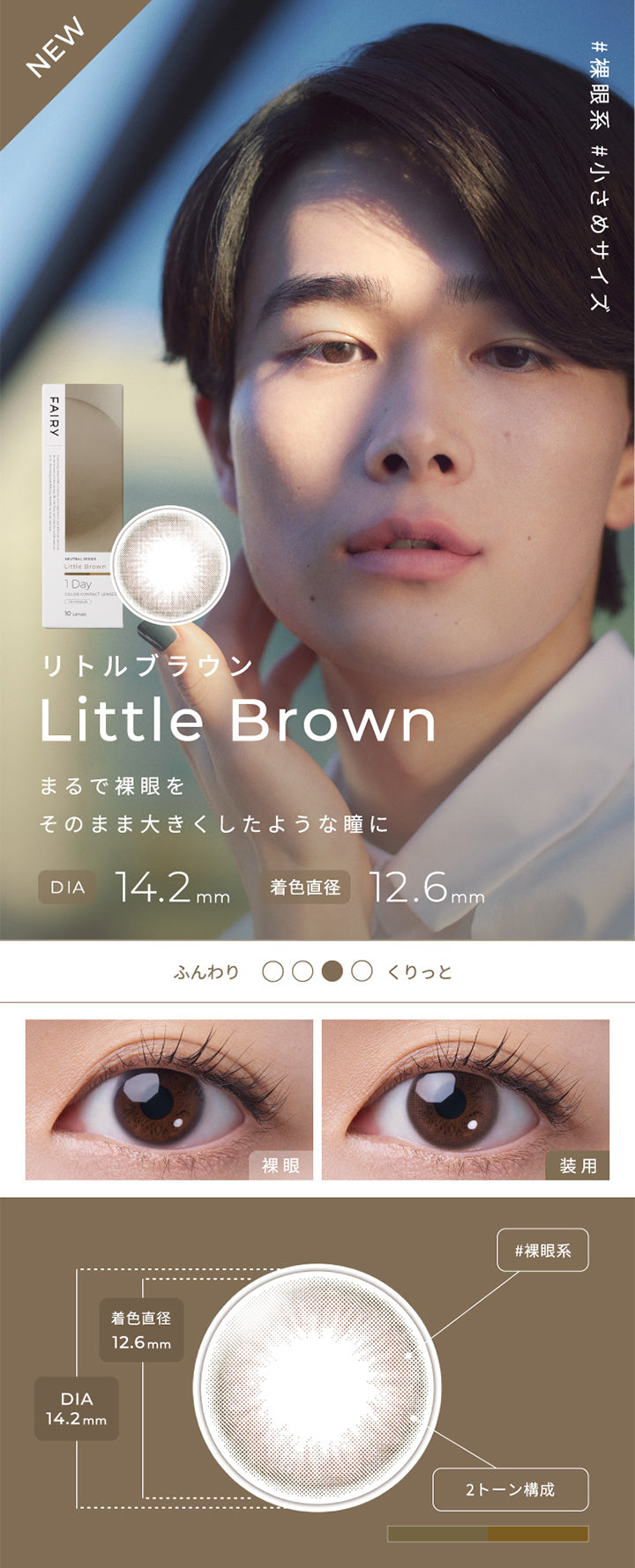 フェアリーワンデーニュートラルシリーズ(FAIRY 1DAY NEUTRAL SERIES),Little Brown,リトルブラウン,まるで裸眼をそのまま大きくしたような瞳に,DIA14.2mm,着色直径12.6mm|フェアリーワンデーニュートラルシリーズ FAIRY 1DAY NEUTRAL SERIES カラコン カラーコンタクト