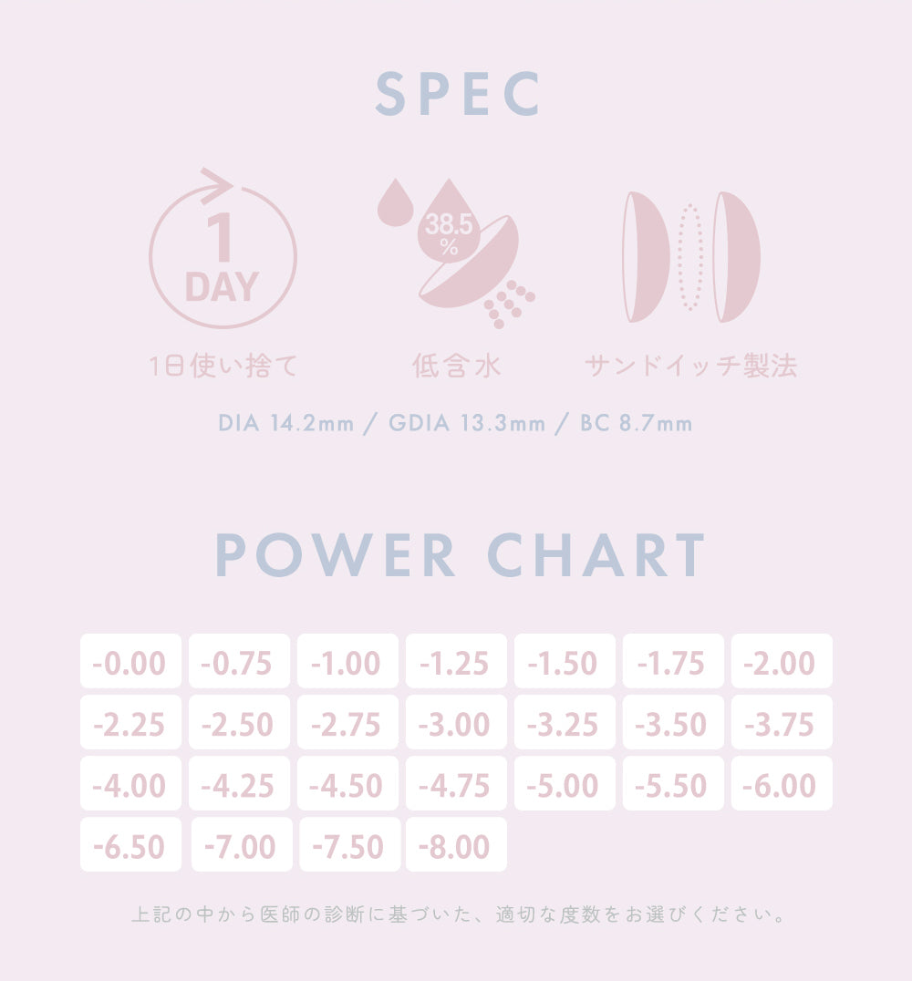 SPEC,38.5%,1DAY,1日使い捨て,低含水,サンドイッチ製法,DIA 14.2mm/GDIA 13.3mm / BC 8.7mm,医師の診断に基づいた、適切な度数をお選びください。 | ユリアアイドル アイズ URIA-iDOL eyeis 1day カラコン カラーコンタクト