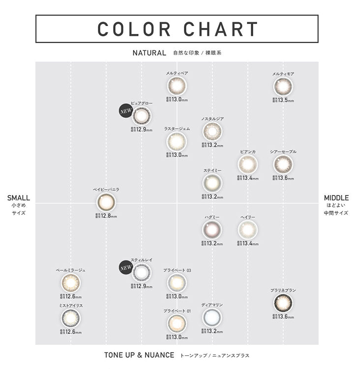 Color Chart, Natural(自然な印象 / 裸眼系) × Small(小さめサイズ), メルティベア(Melty Bear)着色直径13.0mm, ピュアグロー(Pure Glow)着色直径12.9mm, ラスタージェム(Luster Gem)着色直径13.0mm, ベイビーバニラ(Baby Vanilla)着色直径12.8mm, Natural(自然な印象 / 裸眼系) × Middle(ほどよい中間サイズ), ノスタルジア(nostalgia)着色直径13.2mm, メルティモア(Meltymore)着色直径13.5mm, ビアンカ(Bianca)着色直径13.4mm, シアーセーブル(Sheer Sable)着色直径13.6mm, ステイミー(Stay Me)着色直径13.2mm, Tone up & Nuance(トーンアップ / ニュアンス) × Small(小さめサイズ), ペールミラージュ(Pale Mirage)着色直径12.6mm, ミストアイリス(Mist Iris)着色直径12.6mm, スティルレイ(Still Ray)着色直径12.9mm, プライベート03(Priva