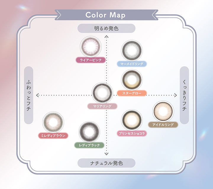 Color map, 明るめ発色 × ふわっとフチ, ライアーピンク マリアリング, 明るめ発色 × くっきりフチ, マーメイドリング スターグロー, ナチュラル発色 × ふわっとフチ, ミレディブラウン レディブラック, ナチュラル発色 × くっきりフチ, プリンセスショコラ アイドルリング | ミレディ melady 1day カラコン カラーコンタクト
