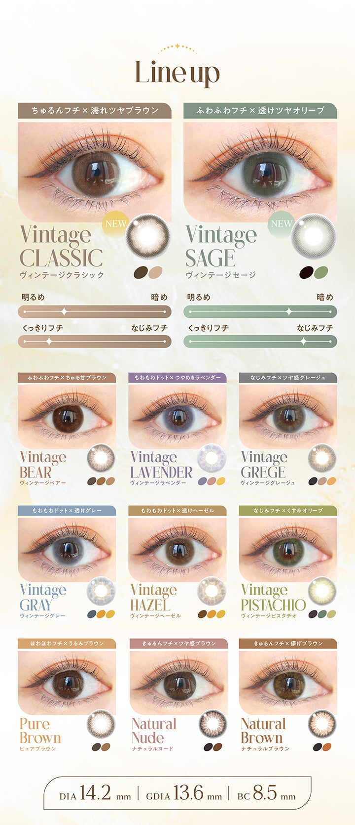 Lineup, New Vintage Classic, ヴィンテージクラシック, ちゅるんフチ × 濡れツヤブラウン, 明るめ くっきりフチ, New Vintage Sage, ヴィンテージセージ, ふわふわフチ × 透けツヤオリーブ, 暗め なじみフチ, Vintage Bear, ヴィンテージベアー, ふわふわフチ × ちゅる甘ブラウン, Vintage Lavender, ヴィンテージラベンダー, もわもわドット × つやめきラベンダー, Vintage Grege, ヴィンテージグレージュ, なじみフチ × ツヤ感グレージュ, Vintage Gray, ヴィンテージグレー, もわもわドット × 透けグレー, Vintage Hazel, ヴィンテージヘーゼル, もわもわドット × 透けヘーゼル, Vintage Pistachio, ヴィンテージピスタチオ, なじみフチ × くすみオリーブ, Pure Brown, ピュアブラウン, ほわほわフチ × うるみブラウン, Natural Nude, ナチュラルヌード, きゅるんフチ × ツヤ感ブラウン, Natural Brown, ナチュラルブラ