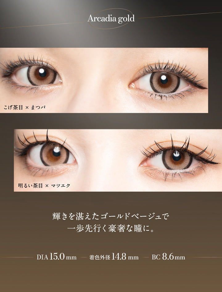 Arcadia gold, こげ茶目 × まつパ, 明るい茶目 × まつエク, 輝きを湛えたゴールドベージュで一歩先行く豪奢な瞳に。, DIA15.0mm, 着色外径14.8mm, BC8.6mm |ラヴェール loveil 1day カラコン カラーコンタクト