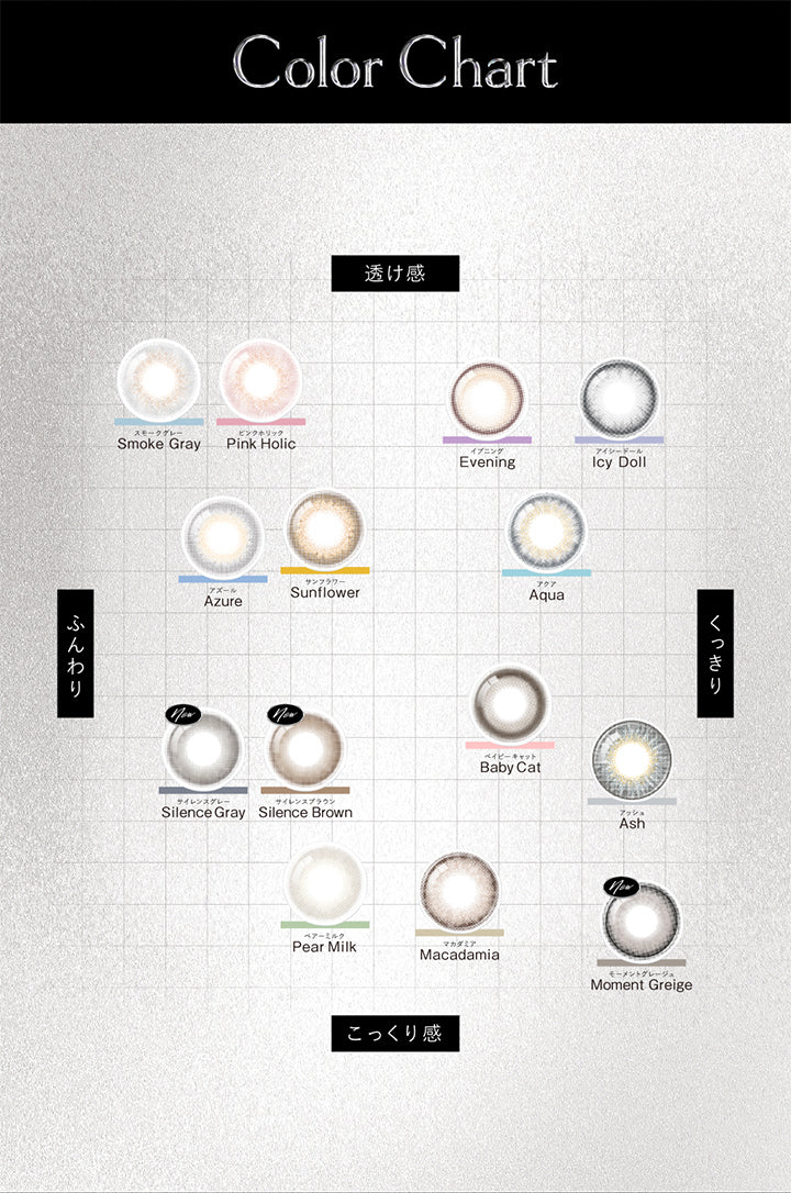 カラーチャート(Color Chart),透け感 × ふんわり:スモークグレー(Smoke Gray) ピンクホリック(Pink Holic) アズール(Azule) サンフラワー(Sunflower),透け感 × くっきり:イブニング(Evening) アイシードール(Icy Doll) アクア(Aqua),こっくり感 × ふんわり:サイレンスグレー(Silence Gray) サイレンスブラウン(Silence Brown) ペアーミルク(Pear Milk),こっくり感 × くっきり:ベイビーキャット(Baby Cat) アッシュ(Ash) マカダミア(Macadamia) モーメントグレージュ(Moment Greige) | クルーム Cruum 1day カラコン カラーコンタクト