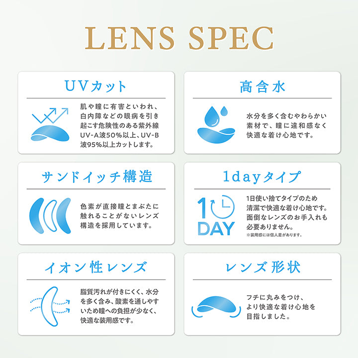 (レンズスペック)Lens Spec,UVカット:肌や瞳に有害と言われ、白内障などの眼病を引き起こす危険性のある紫外線UV-A約50%以上、UV-B波95%以上カットします。,高含水:水分を多く含むやわらかい素材で、瞳に違和感なく快適な付け心地です。,サンドイッチ構造:色素が直接瞼に触れることがないレンズ構造を採用しています。,1dayタイプ:1日使い捨てタイプのため清潔で快適な付け心地です。面倒なレンズのお手入れも必要ありません。※装用感には個人差があります。,イオン性レンズ:脂質汚れが付きにくく、水分を多く含み。酸素を通しやすいため瞳への負担が少なく、快適な装用感です。,レンズ形状:フチに丸みをつけ、より快適な付け心地を目指しました。 | トパーズトーリック TOPARDS TORIC 1day カラコン カラーコンタクト