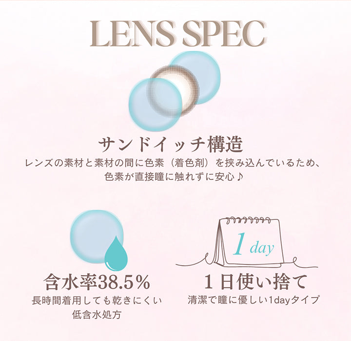 (レンズスペック),メイリーワンデー(meilly 1day) Lens spec,サンドイッチ構造:レンズの素材と素材の間に色素(着色剤)を挟み込んでいるため、色素が直接瞳に触れずに安心,含水率38.5%,1日使い捨て:清潔で瞳に優しい1dayタイプ | メイリーワンデー meilly 1day カラコン カラーコンタクト