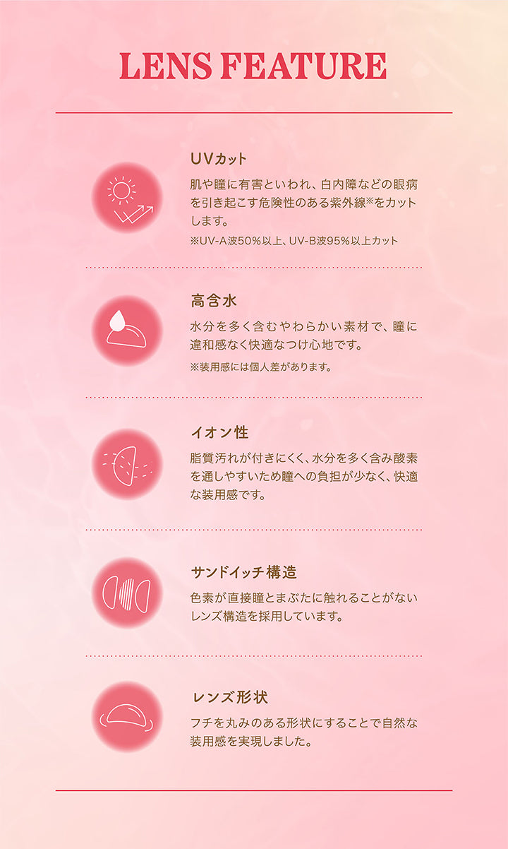 LENS FEATURE, UVカット, 肌や瞳に有害といわれ、白内障などの眼病 を引き起こす危険性のある紫外線をカットします。, ※UV-A波50%以上、 UV-B波95%以上カット, 高含水, 水分を多く含むやわらかい素材で、瞳に違和感なく快適なつけ心地です。, ※装用感には個人差があります。, イオン性, 脂質汚れが付きにくく、水分を多く含み酸素 を通しやすいため瞳への負担が少なく、快適 な装用感です。, サンドイッチ構造, 色素が直接瞳とまぶたに触れることがないレンズ構造を採用しています。, レンズ形状, フチを丸みのある形状にすることで自然な 装用感を実現しました。| パース(perse) 1day カラコン カラーコンタクト