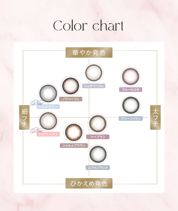 Color chart, 細フチ × 華やか発色 ノワベージュ New ペルルグレー, 細フチ × 控えめ発色 New シピベージュ シャルムブラウン, 太フチ × 華やか発色 リュヌベージュ アムールロゼ グレーシャトン, 太フチ × 控えめ発色 ベべブラン 絵あるブラック|キュプリエ Quprie 1day カラコン カラーコンタクト