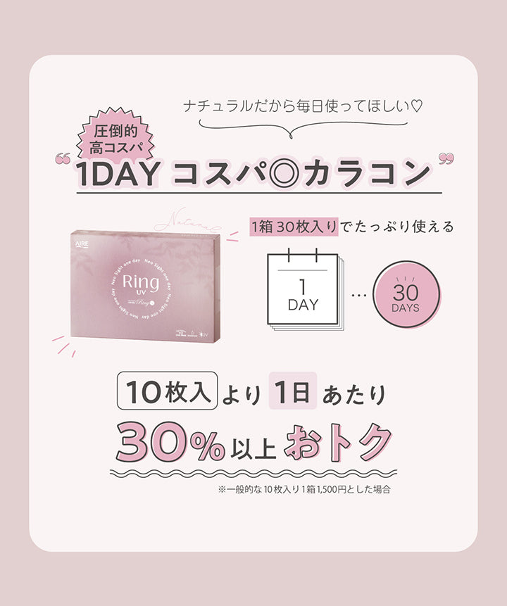 (コストパフォーマンス),ナチュラルだから毎日使ってほしい,圧倒的高コスパ,1dayコスパ◎カラコン,1箱30枚入りでたっぷり使える,10枚入りより1日あたり30%以上お得,※一般的な10枚入り1箱1500円とした場合 | ネオサイトワンデーリングUv Neosight Oneday Ring Uv カラコン カラーコンタクト