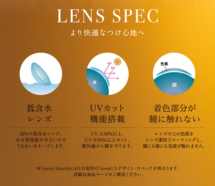 Lens Spec, より快適な着け心地へ, 低含水レンズ 38%の低含水レンズ。水分蒸発量が少ないのでうるおいをキープします。, UVカット機能搭載 UV-A 50%以上、UV-B 95%以上カット。紫外線から瞳を守ります。, 着色部分に瞳が触れない レンズの上の色素をレンズ素材でもコーティングし、瞳にも瞼にも色素が触れません。, ※「loveil Monthly」は1日使用の「loveil」とデザイン・スペックが異なります。詳細は商品ページをご確認ください。 | ラヴェールマンスリー loveil Monthly 1month カラコン カラーコンタクト