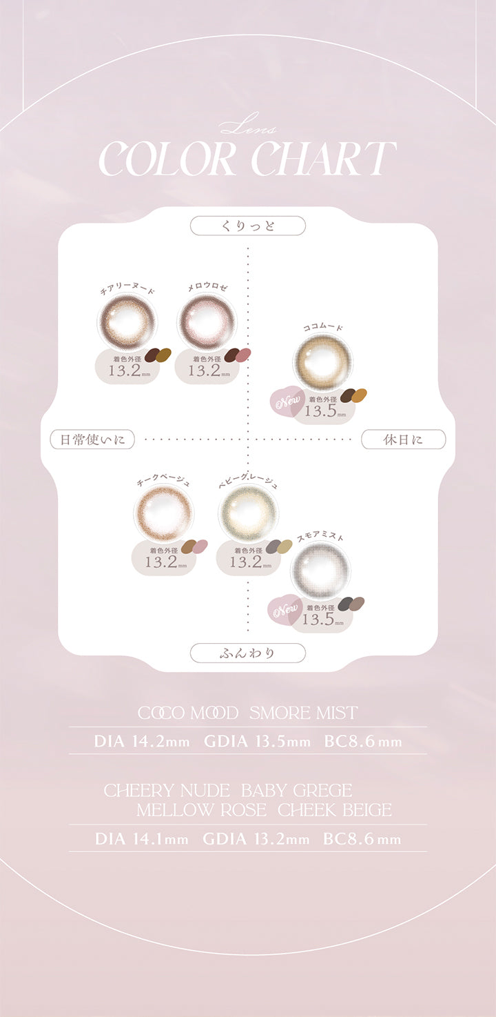 Lens COLOR CHART, くりっと × 日常使いに, チアリーヌード 着色外径 13.2mm, メロウロゼ 着色外径 13.2mm, くりっと × 休日に, ココムード 着色外径 13.5mm, ふんわり × 休日に, スモアミスト 13.5mm, ふんわり × 日常使いにも、休日にも, ベビーグレージュ 着色外径13.2㎜, ふんわり × 日常使いに, チークベージュ 着色外径 13.2mm, COCO MOOD, SMORE MIST, DIA 14.2mm, GDIA 13.5mm, BC8.6 mm, CHEERY NUDE, BABY GREGE, MELLOW ROSE, CHEEK BEIGE, DIA 14.1mm, GDIA 13.2mm, BC8.6 mm | (チェリッタ) (Cheritta) 1day カラコン カラーコンタクト