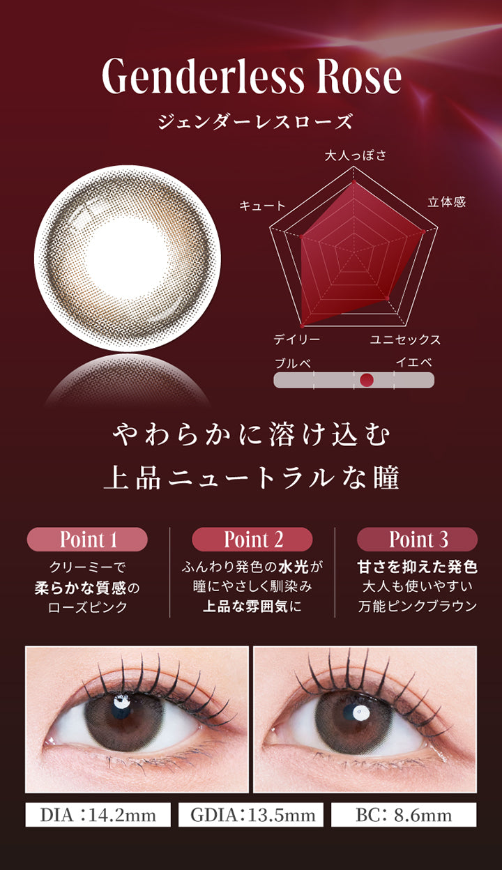 ジェンダーレスローズ(Genderless Rose),やわらかに溶け込む上品ニュートラルな瞳,大人っぽさ★4,立体感★4,ユニセックス★3,デイリー★5,キュート★3,ブルべ、イエベにおすすめ,Point1:クリーミーで柔らかな質感のローズピンク,Point2:ふんわり発色の水光が瞳に優しく馴染み上品な雰囲気に,Point3:甘さを抑えた発色 大人も使いやすい万能ピンクブラウン,DIA14.2mm 着色直径13.5mm BC8.6mm | スウィートワンマンス ガールクラッシュ Sweet 1 Month Girlcrush monthly カラコン カラーコンタクト