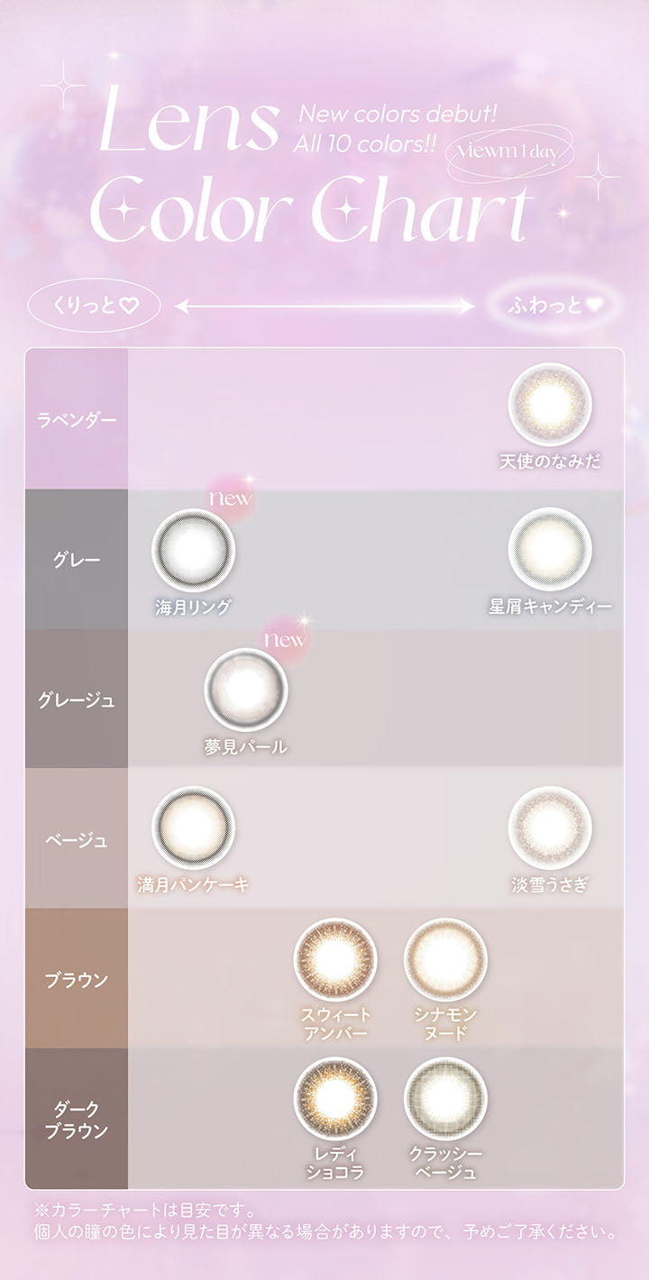 viewm 1day, Lens Color Chart, New colors debut!, All 10 colors !!, くりっと♡, ふわっと♥, ラベンダー, 天使のなみだ, グレー, new, 海月リング, 星屑キャンディー, グレージュ, new, 夢見パール, ベージュ, 満月パンケーキ, 淡雪うさぎ, ブラウン, スウィートアンバー, シナモンヌード, ダークブラウン, レディショコラ, クラッシーベージュ, ※カラーチャートは目安です。, 個人の瞳の色により見た目が異なる場合がありますので、予めご了承ください。 | ビュームワンデー Viewm 1day カラコン カラーコンタクト