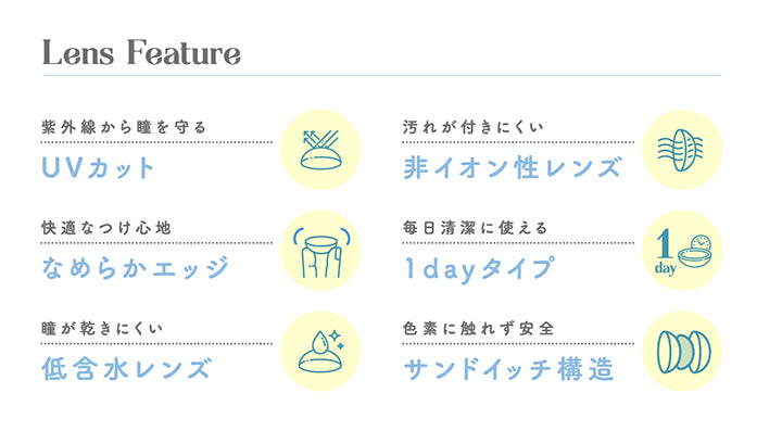 Lens Feature, 紫外線から瞳を守る, UVカット, 汚れが付きにくい, 非イオン性レンズ, 快適なつけ心地, なめらかエッジ, 毎日清潔に使える, 1dayタイプ, 瞳が乾きにくい, 低含水レンズ, 色素に触れず安全, サンドイッチ構造 | ミムコ mimuco 1day カラコン カラーコンタクト