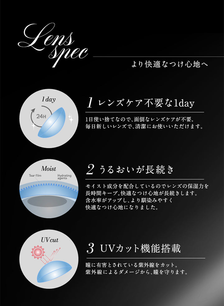 Lens spec, より快適なつけ心地へ, 1 レンズケア不要な1day, 一日使い捨てなので、面倒なレンズケアが不要。, 毎日新しいレンズで、清潔にお使いいただけます。, 2 うるおいが長続き, モイスト成分を配合しているのでレンズの保湿力を長時間キープ。, 快適なつけ心地が長続きします。, 含水率がアップし、より馴染みやすく快適なつけ心地になりました。, 3 UVカット機能搭載, 瞳に有害とされている紫外線をカット。, 紫外線によるダメージから、瞳を守ります。 |ラヴェール loveil 1day カラコン カラーコンタクト