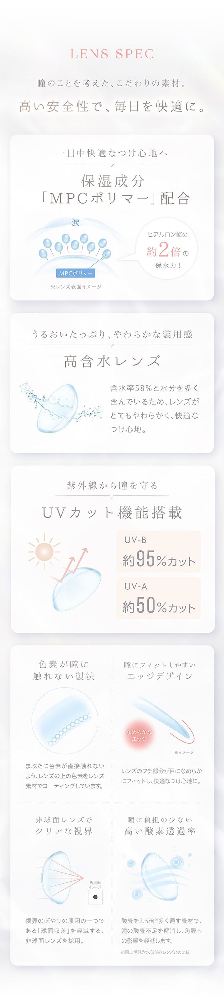 Lens Spec, 瞳のことを考えた、こだわりの素材。, 高い安全性で、毎日を快適に。, 一日中快適な着け心地へ, 保湿成分「MPCポリマー」配合, ヒアルロン酸の約2倍の保水力, うるおいたっぷり、やわらかな装用感, 高含水レンズ, 含水率58%と水分を多く含んでいるため、レンズがとてもやわらかく、快適なつけ心地。, 紫外線から瞳を守るUVカット機能搭載, UV-B約95%カット, UV-A約50%カット, 色素が瞳に触れない製法, まぶたに色素が直接触れないよう、レンズの上の色素をレンズ素材でコーティングしています。, 瞳にフィットしやすいエッジデザイン, レンズのフチ部分が目になめらかにフィットし、快適なつけ心地に。, 非球面レンズでクリアな視界, 視界のぼやけの原因の一つである球面収差を軽減する、非球面レンズを採用。, 瞳に負担の少ない高い酸素透過率, 酸素を約2.5倍多く通す素材で、瞳の酸素不足を解消し、角膜への影響を軽減します。※同工場低含水(38%)レンズとの比較 | カイカ Kaica 1day カラコン カラーコンタクト