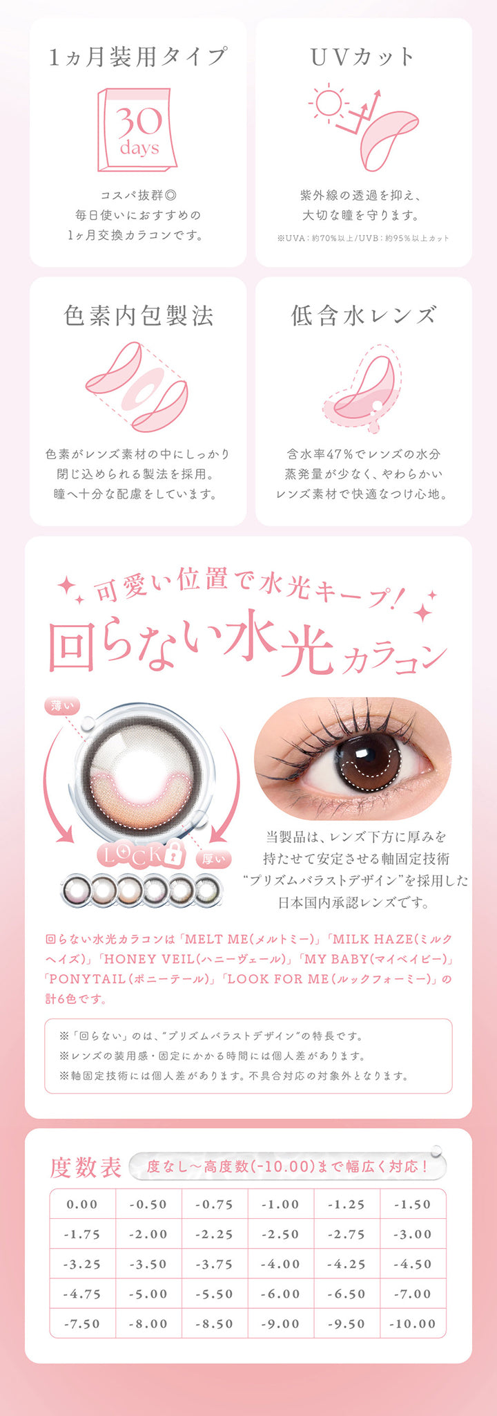 1ヶ月装用タイプ:コスパ抜群◎毎日使いにおすすめの1か月交換カラコンです。,UVカット:紫外線の透過を抑え、大切な瞳を守ります。UV-A 約70%以上 / UV-B 約95%以上カット,色素内包製法:色素がレンズ素材の中にしっかり閉じ込められる製法を採用。,低含水レンズ:含水率47%でレンズの水分蒸発量が少なく、やわらかいレンズ素材で快適なつけ心地。,可愛い位置で水光キープ!回らない水光カラコン:当製品は、レンズ下方に厚みを持たせて安定させる軸固定技術 プリズムバラストデザインを採用した日本国内承認レンズです。※回らない水光カラコンは「MELT ME(メルトミー)」「MILK HAZE(ミルクヘイズ)」「HONEY VEIL(ハニーヴェール)」「MY BABY(マイベイビー)」「PONYTAIL(ポニーテール)」「LOOK FOR ME(ルックフォーミー)」の計6色です。 | シーワンマンス Sie.1Month カラコン カラーコンタクト