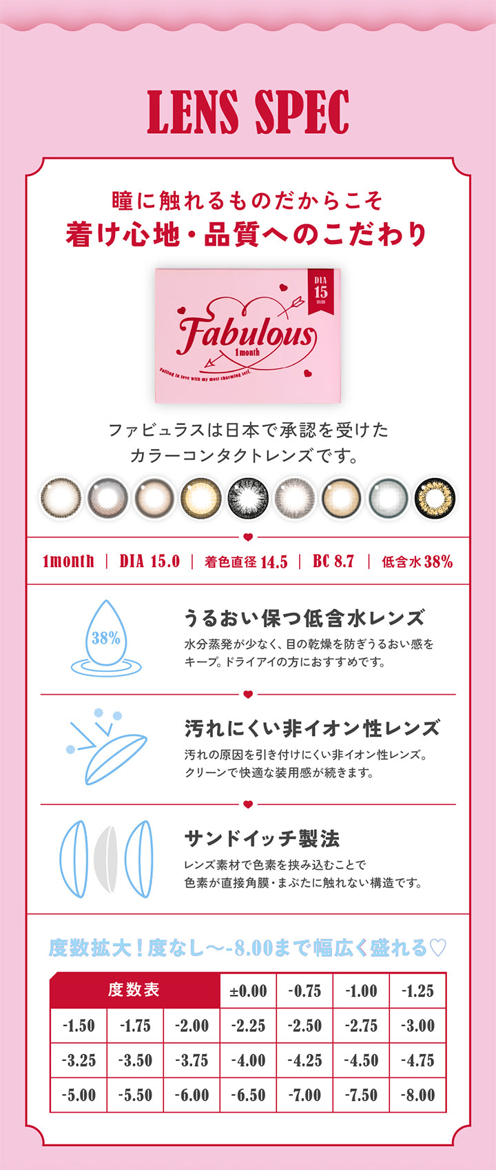 Lens Spec,瞳に触れるものだからこそ,着け心地·品質へのこだわり,Dia15mm,Fabulous,1month,ファビュラスは日本で承認を受けた,カラーコンタクトレンズです。,1month,Dia15.0,着色直径14.5,Bc8.7,低含水38%,うるおい保つ低含水レンズ,38%,水分蒸発が少なく、目の乾燥を防ぎうるおい感をキープ。,ドライアイの方におすすめです。,汚れにくい非イオン性レンズ,汚れの原因を引き付けにくい非イオン性レンズ,クリーンで快適な装用感が続きます。,サンドイッチ製法,レンズ素材で色素を挟み込むことで,色素が直接角膜·まぶたに,触れない構造です。,度数拡大!,度なし~-8.00まで幅広く盛れる♡,度数表,|ファビュラスワンマンス(Fabulous 1month) 1month カラコン カラーコンタクト