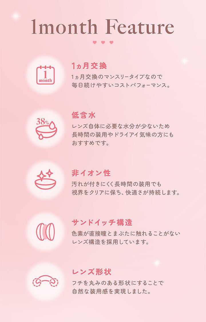 1month Feature, 1か月交換 1か月交換のマンスリータイプなので毎日続けやすいコストパフォーマンス。, 低含水 レンズ自体に必要な水分が少ないため、長時間の装用やドライアイ気味の方にもおすすめです。, 非イオン性 汚れが付きにくく長時間の装用でも視界をクリアに保ち、快適さが持続します。, サンドイッチ構造 色素が直接瞳と瞼に触れることがないレンズ構造を採用しています。, レンズ形状 フチを丸みのある形状にすることで自然な装用感を実現しました。| トパーズワンマンス TOPARDS 1month カラコン カラーコンタクト