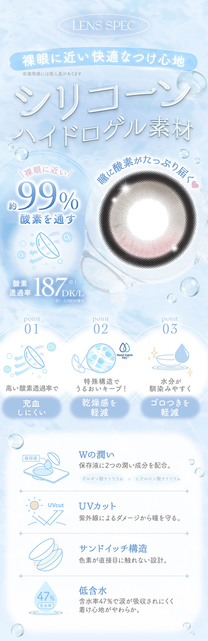 メロリア(Meloria)のレンズスペック,シリコーンハイドロゲル素材,裸眼に近い快適な着け心地※装用感には個人差があります,酸素透過率187DK/L※-3.00Dの場合,酸素を約99%通すので瞳に酸素がたっぷり届く,高い酸素透過率で充血しにくい,特殊構造でうるおいキープ!乾燥感を軽減,水分が馴染みやすくゴロつきを軽減,Wのうるおい:保存液に2つのうるおい成分を配合,UVカット:紫外線によるダメージから瞳を守る,サンドイッチ構造:色素が直接目に触れない設計,低含水:含水率47%で涙が吸収されにくく着け心地がやわらか | メロリア meloria 1day カラコン カラーコンタクト