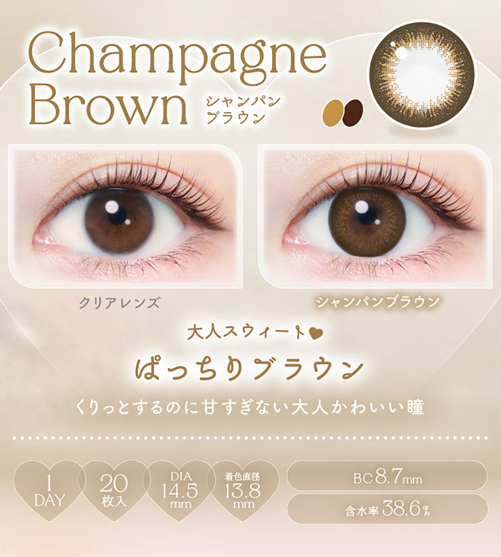 Champagne Brown, シャンパンブラウン, クリアレンズ, シャンパンブラウン, 大人スウィート♥ぱっちりブラウン, くりっとするのに甘すぎない大人カワイイ瞳, 1day, 20枚入り, DIA14.5mm, 着色直径13.8mm, BC8.7mm, 含水率38.6% | エバーカラーワンデーナチュラル Ever Color 1day Natural 1day カラコン カラーコンタクト,