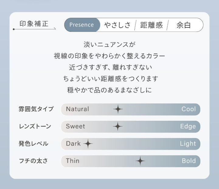ソフトヴィジョン(Soft Vision),印象補正,Presence:やさしさ 距離感 余白,淡いニュアンスが、視線の印象をやわらかく整えるカラー。,近づきすぎず、離れすぎない、ちょうどいい距離感をつくります。,穏やかで品のあるまなざしに。,雰囲気タイプ:ややナチュラル,レンズトーン:やや甘め,発色レベル:ダーク,フチの太さ:やや太め | ハイディ Haidey 1day カラコン カラーコンタクト