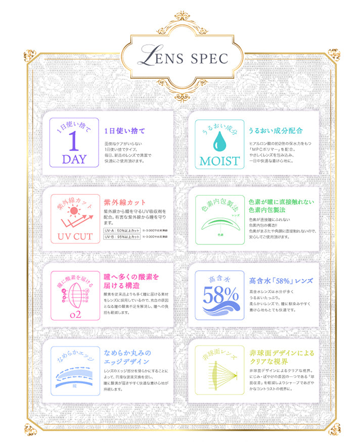 (レンズスペック)Lens Spec,1日使い捨て1dayタイプ,うるおい成分配合※MPCポリマー,紫外線カット※UV-A 50%以上、UV-B 95%以上カット,色素が瞳に直接触れない色素内包製法,瞳へ多くの酸素を届ける構造,高含水58%レンズ,なめらか丸みのエッジデザイン,非球面デザインによるクリアな視界 | マジェットリラックス Majette Relax 1day カラコン カラーコンタクト