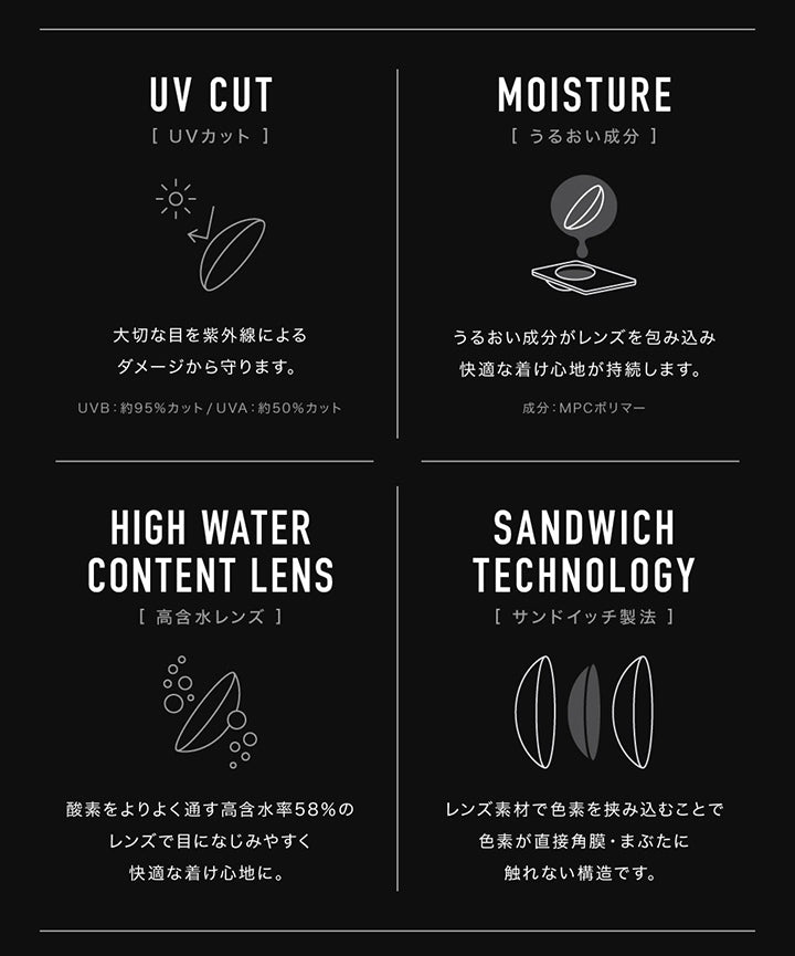 (レンズスペック2),UV Cut(UVカット):大切な目を紫外線によるダメージから守ります。 UV-B:約95%カット / UV-A:約50%カット,Moisture(うるおい成分):うるおい成分がレンズを包み込み快適なつけ心地が持続します。 成分:MPCポリマー,High Water Content Lens(高含水レンズ):酸素をよりよく通す高含水率58%のレンズで目になじみやすく快適なつけ心地に。,Sandwich Technology(サンドイッチ製法):レンズ素材で色素を挟み込むことで色素が直接角膜・まぶたに触れない構造です。 | アザー Øther 1day カラコン カラーコンタクト
