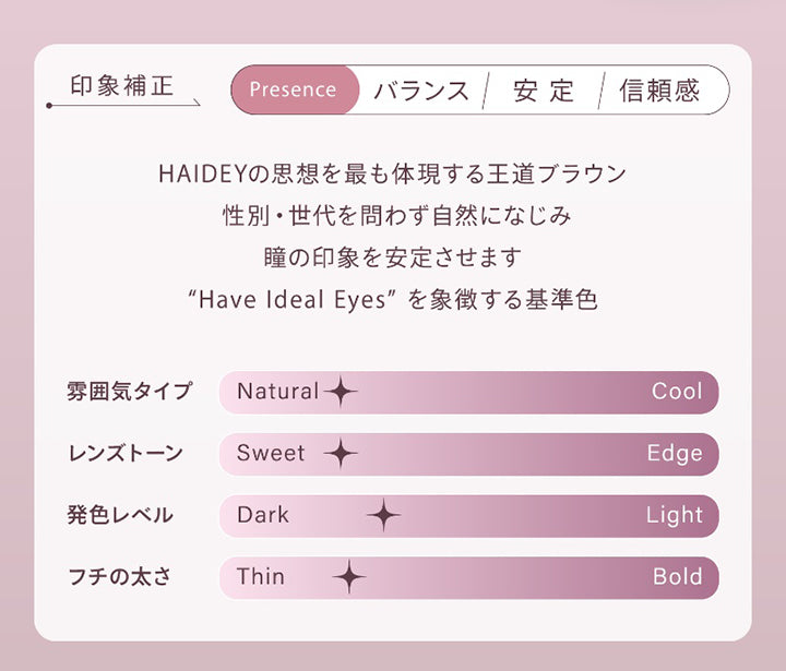 アイディアルブラウン(Ideal Brown),印象補正,Presence:バランス 安定 信頼感,Haideyの思想を最も体現する王道ブラウン。,性別·世代を問わず自然になじみ、瞳の印象を安定させます。,“Have Ideal Eyes